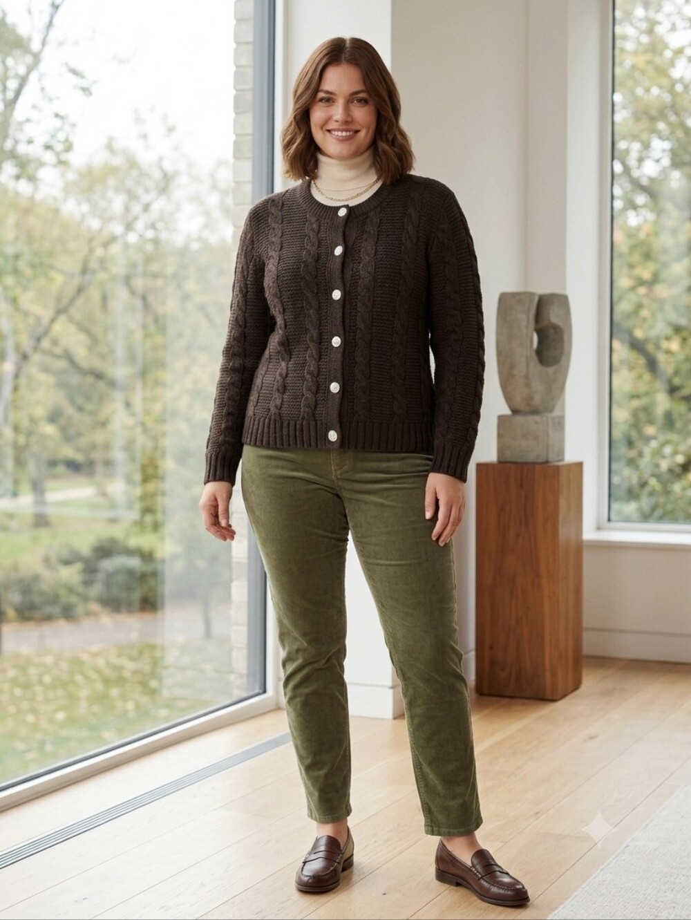 Austrian Trachten Pure New Wool Dark Brown Cable Knit Coin Button Cardigan L/XL